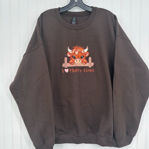 Highland Cow Sweatshirt I Love Fluffy Cows Embroidered Adult Unisex Crewneck - Picture 6 of 16